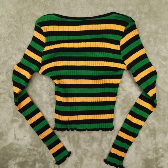 Zara Black Striped‎ Ribbed Knit Sweater Lettuce Trim Long Sleeve Top size Small - Picture 5 of 10